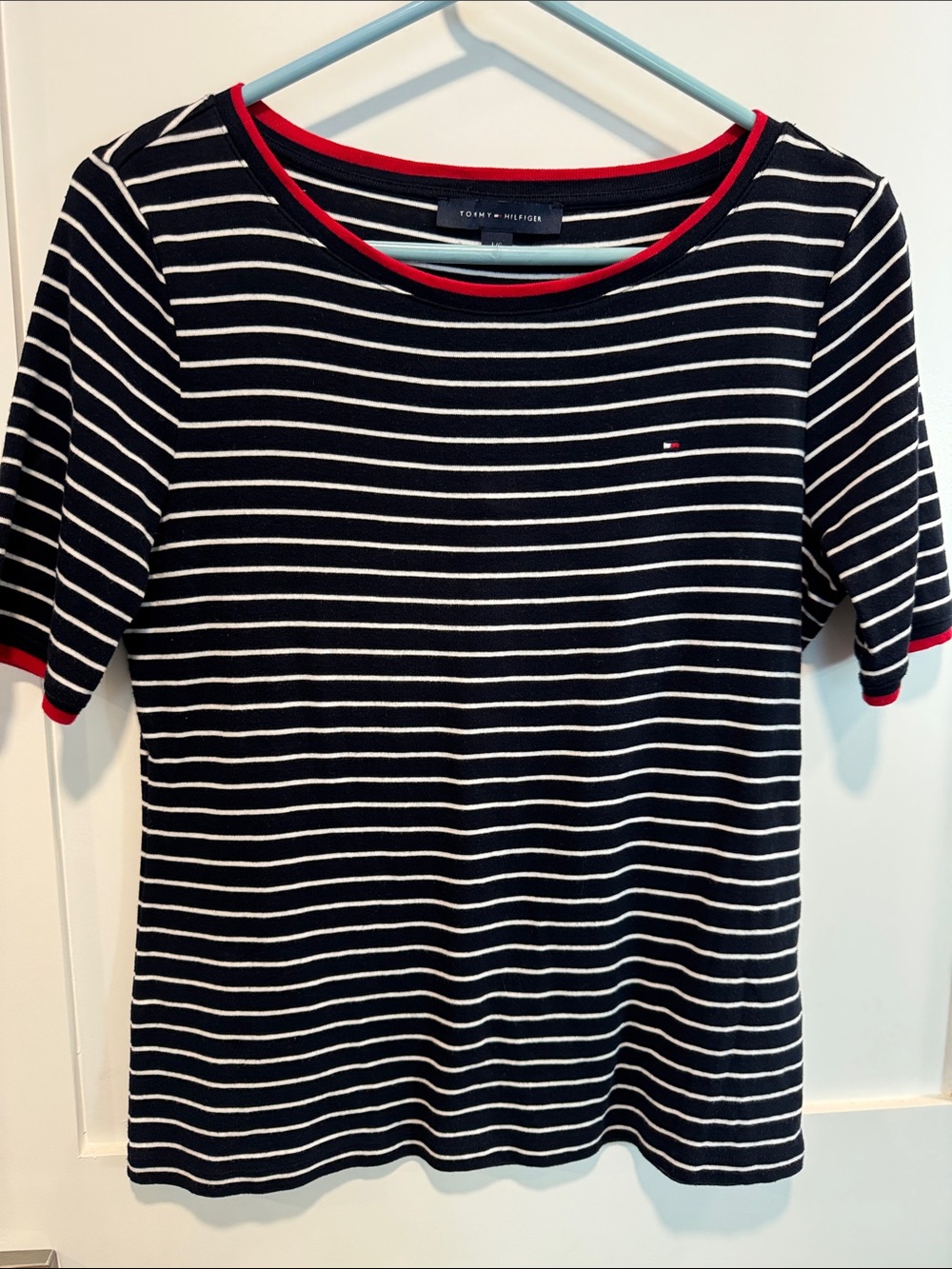Tommy Hilfiger Navy & White Striped Short Sleeve Tee with Red Trim